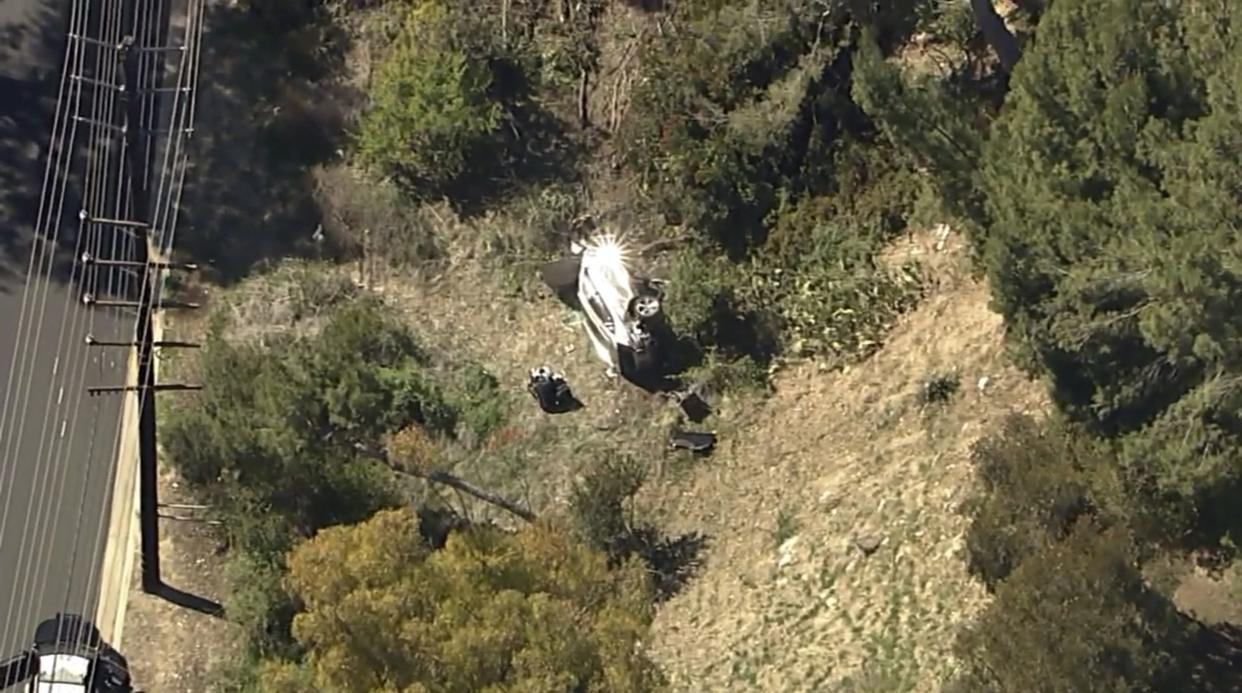 In this aerial image take from video provided by KABC-TV video, Tiger Woods' vehicle is seen after it rolled over.