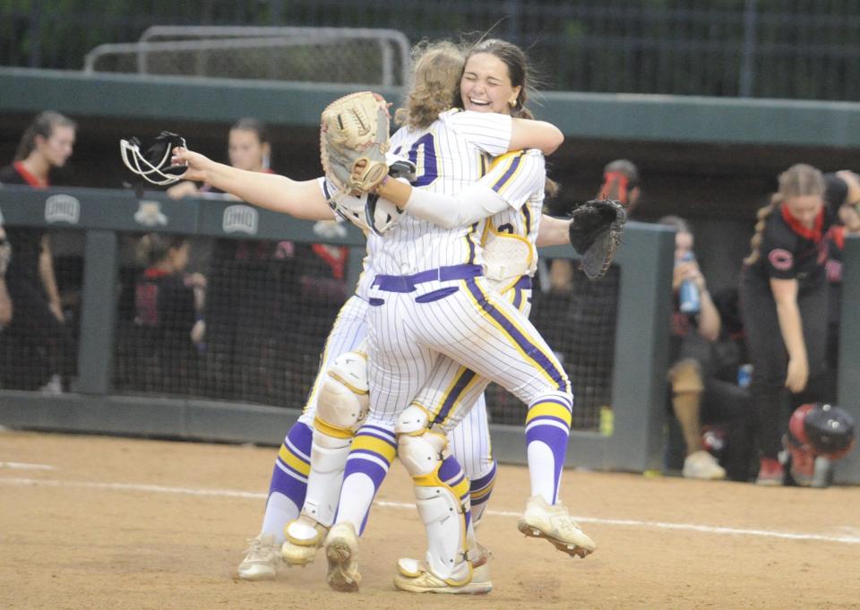 Unioto's Abbie Marshall and Hannah Hull celebrate after clinching a 2-1 win over the Circleville Tigers in the Division II softball district finals at Ohio University Softball Field on May 17, 2024, in Athens, Ohio.