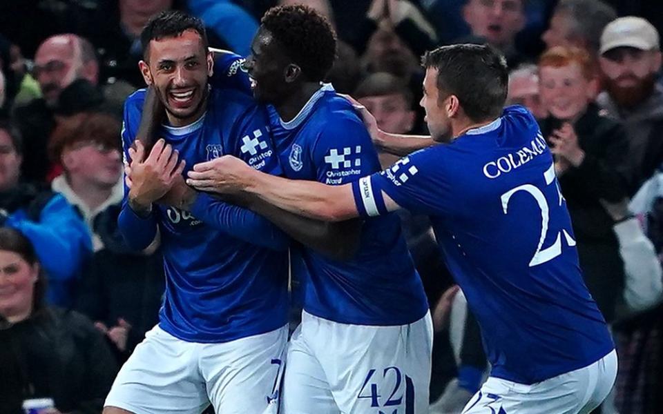 Everton's Tim Iroegbunam (centre) celebrates scoring his side's first goal with team-mate Dwight McNeil (left) and Seamus Coleman during the Carabao Cup tie against Doncaster Rovers at Goodison Park/