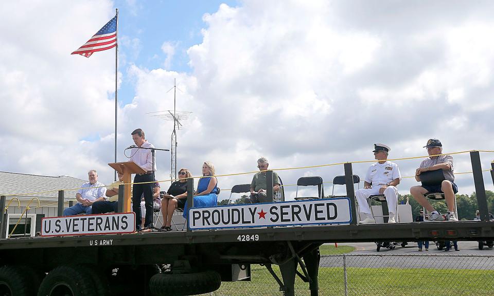 Mayor Matt Miller speaks during the opening ceremony at the ninth annual Ashland County Veterans Appreciation Day at the Ashland County Airport on Saturday, Aug. 6, 2022. TOM E. PUSKAR/ASHLAND TIMES-GAZETTE