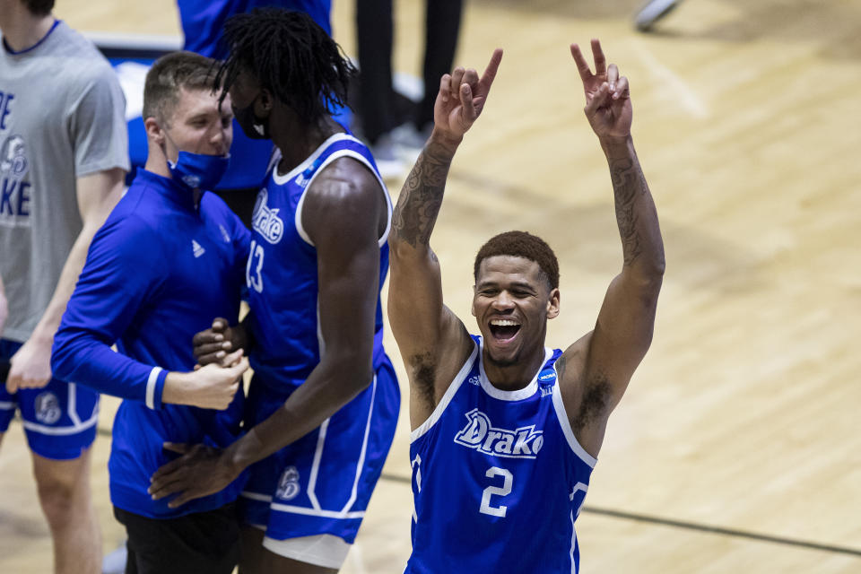 Drake's Tremell Murphy (2) celebrates following Drake's 53-52 win over Wichita State in a First Four game in the NCAA men's college basketball tournament Thursday, March 18, 2021, at Mackey Arena in West Lafayette, Ind. (AP Photo/Robert Franklin)