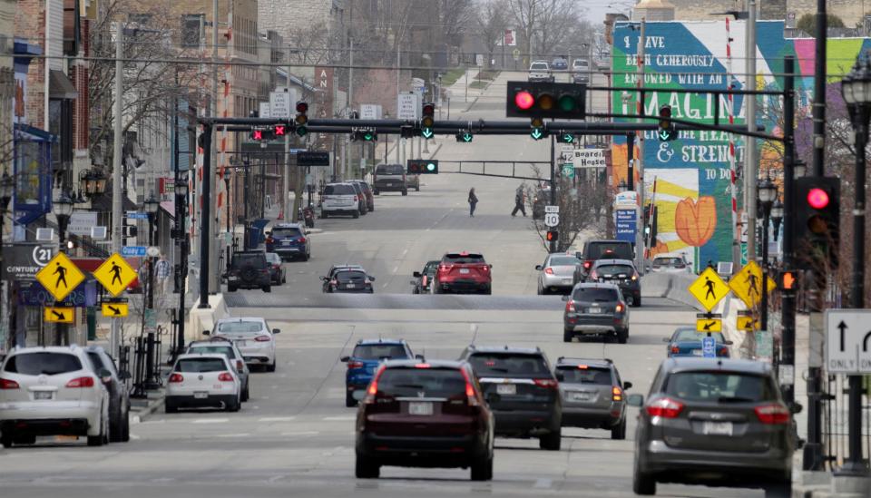 Downtown Manitowoc, Wis. along 8th Street, as seen, Friday, April 29, 2022, will change traffic patterns when the city converts one-way streets to two-way streets this summer.