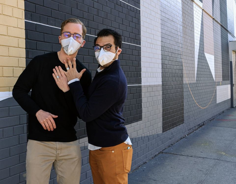 Sean O'Connor and Kaleb Leija wore masks for engagement photos during coronavirus outbreak. (Photo: Laura Corinn)