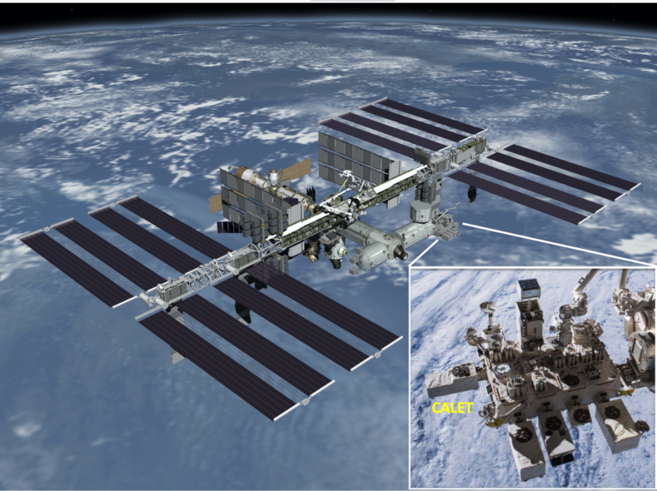 A view of the ISS in Earth's orbit with a small box in the bottom right that's zoomed-in on the CALET device's location.