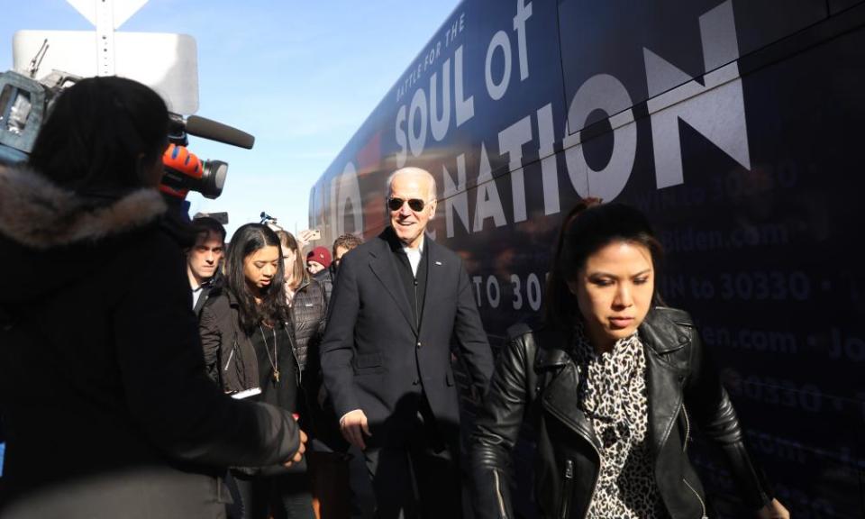 Biden campaigns in Somersworth, New Hampshire, in February. After defeats in the primaries here, and in Iowa and Nevada, his campaign was on the rocks.