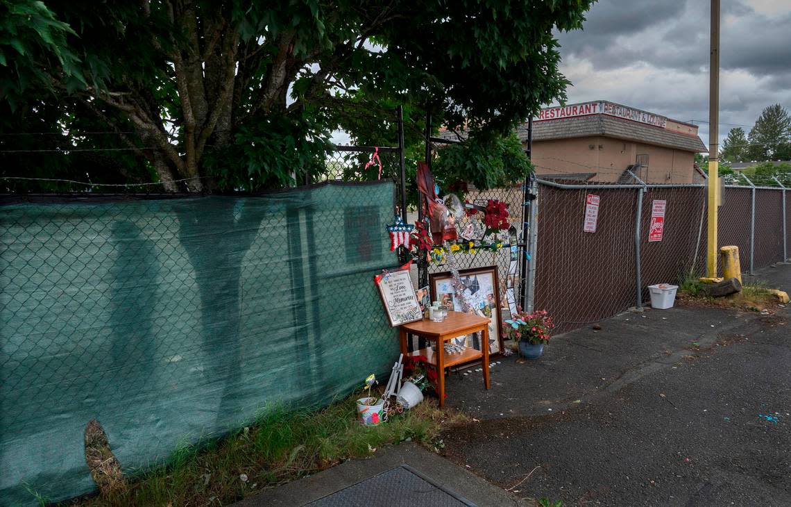 A memorial at the Econo Lodge for 29-year-old Demonte Williams, who was shot and killed Jan. 25, 2022, in a parking lot of the nearby Howard Johnson motel on Hosmer Street in Tacoma, Washington, shown on June 28, 2022. His was one of five murders along Hosmer Street this year.