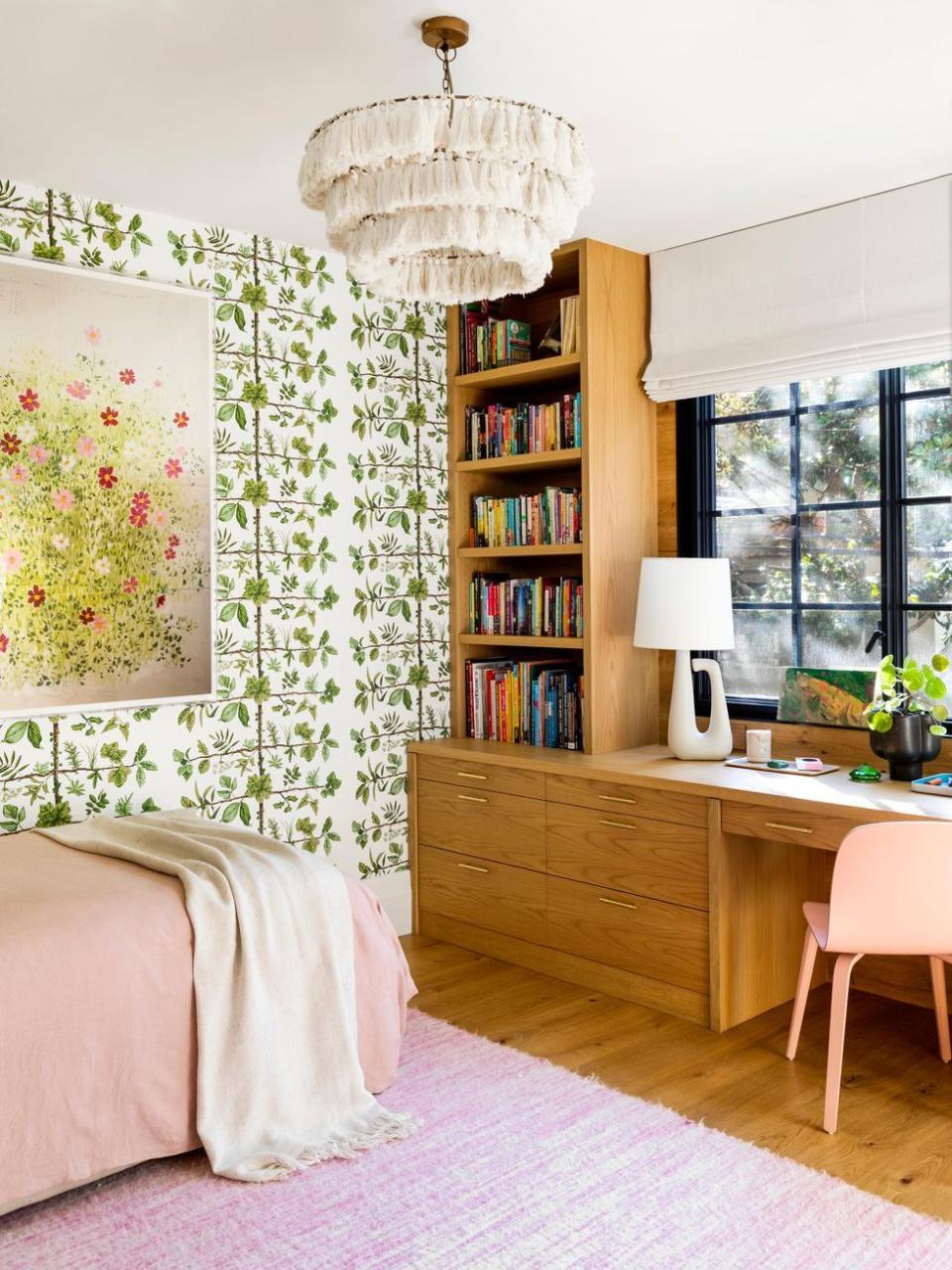 teen girl bedroom with fringe chandelier