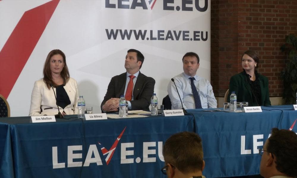 The launch of the Leave.EU campaign in November 2015 with, from right, Brittany Kaiser of Cambridge Analytica, Arron Banks, Gerry Gunster and Liz Bilney. 