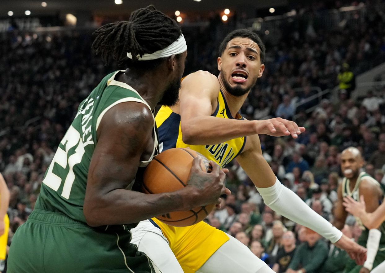 Indiana Pacers guard Tyrese Haliburton, who grew up in Oshkosh, said a racial slur was directed at his younger brother in the stands during his team's game against the Bucks on Sunday at Fiserv Forum.'


Mark Hoffman/Milwaukee Journal Sentinel