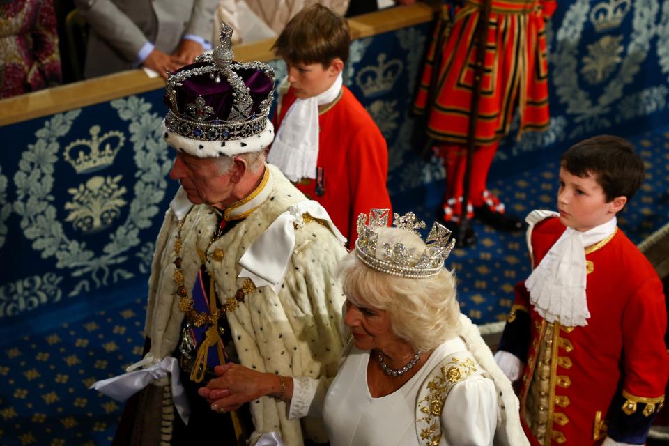 King Charles, wearing the Imperial State Crown, and Queen Camilla, wearing the Diamond Diadem, during the State Opening of Parliament (Getty Images)