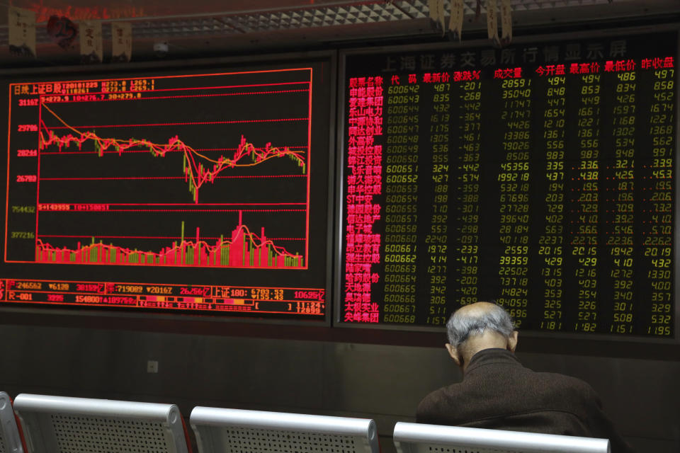 A Chinese man naps at a brokerage in Beijing, China, Tuesday, Dec. 25, 2018. Japanese stocks plunged Tuesday and other Asian markets declined following heavy Wall Street losses triggered by President Donald Trump's attack on the U.S. central bank. (AP Photo/Ng Han Guan)