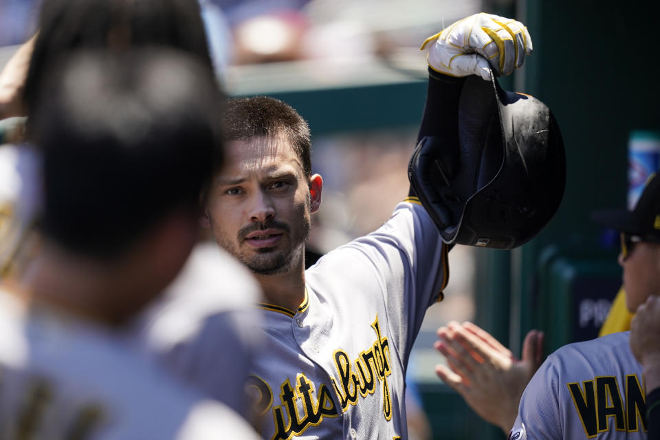 Pittsburgh Pirates' Bryan Reynolds celebrates his two-run homer during the first inning of a baseball game against the Washington Nationals at Nationals Park, Wednesday, June 29, 2022, in Washington. (AP Photo/Alex Brandon)