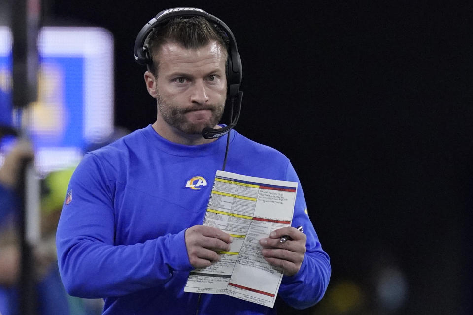 Los Angeles Rams head coach Sean McVay walks on the sideline during the first half of his team's NFL wild-card playoff football game against the Arizona Cardinals in Inglewood, Calif., Monday, Jan. 17, 2022. (AP Photo/Mark J. Terrill)