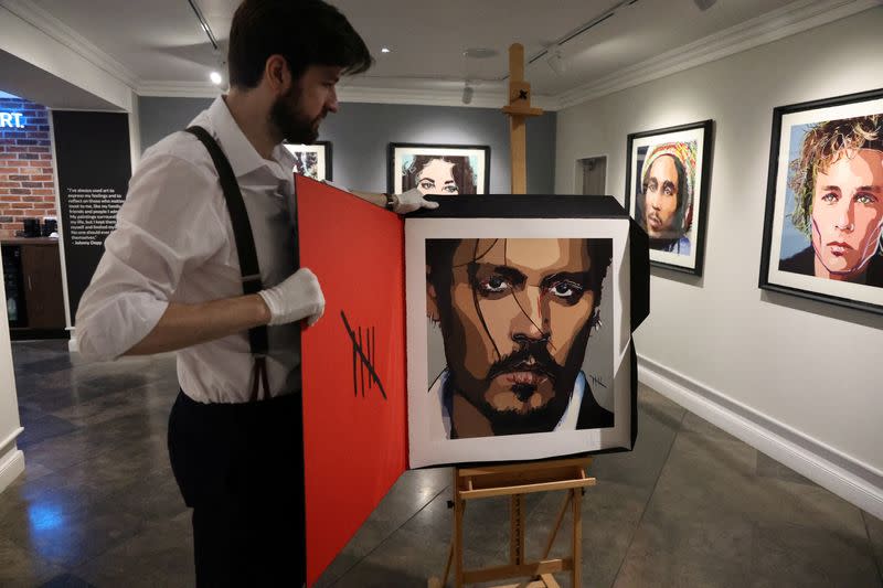 Self-portrait by actor Johnny Depp is pictured in Castle Fine Art Gallery in London