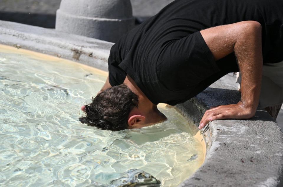 A man puts his head in the water to cool off at the fountain in Piazza del Popolo in Rome (AFP via Getty Images)