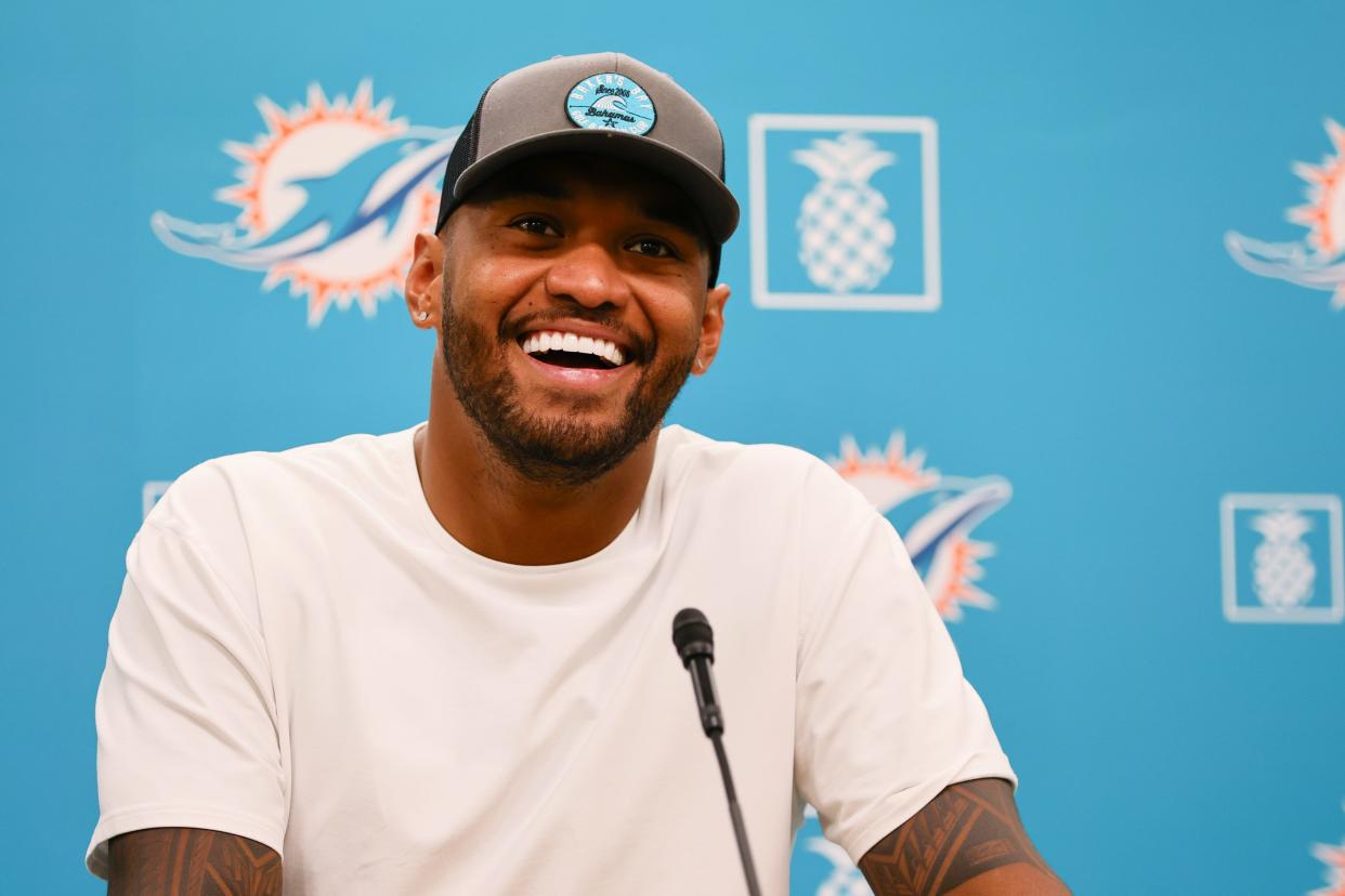 Jul 28, 2024; Miami Gardens, FL, USA; Miami Dolphins quarterback Tua Tagovailoa (1) talks to reporters during a press conference after training camp at Baptist Health Training Complex. Mandatory Credit: Sam Navarro-USA TODAY Sports