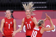 <p>Andrea Drews #11 of Team United States celebrates with teammates after the play against Team Italy during the Women's Preliminary - Pool B volleyball on day ten of the Tokyo 2020 Olympic Games at Ariake Arena on August 02, 2021 in Tokyo, Japan. (Photo by Toru Hanai/Getty Images)</p> 