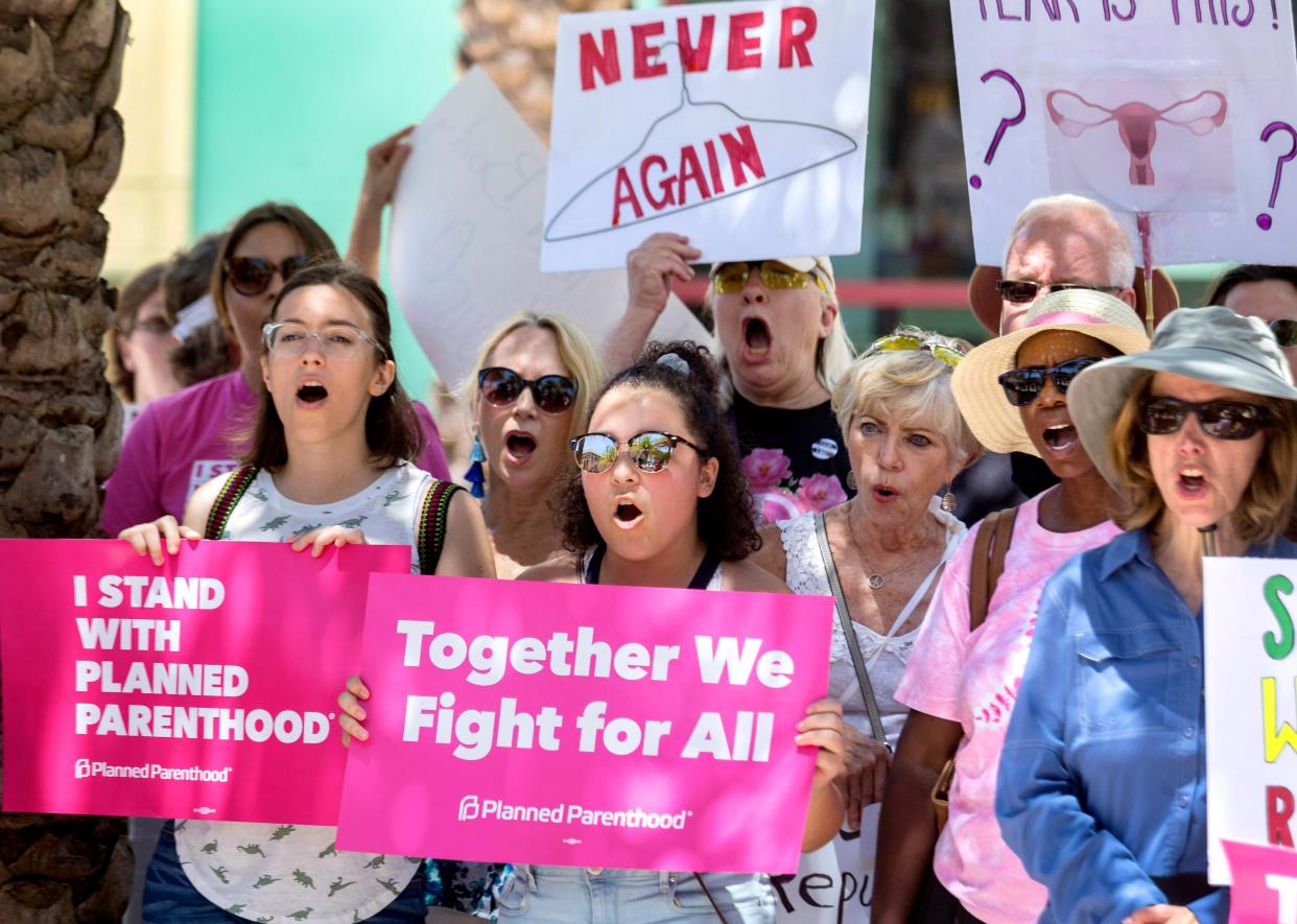 Supporters of Planned Parenthood rally outside City Hall on May 21, 2019 in West Palm Beach, Florida in response to 15 abortion bans passed in states across the country, Planned Parenthood is holding a Stop The Bans day in all 50 states.[GREG LOVETT/palmbeachpost.com]