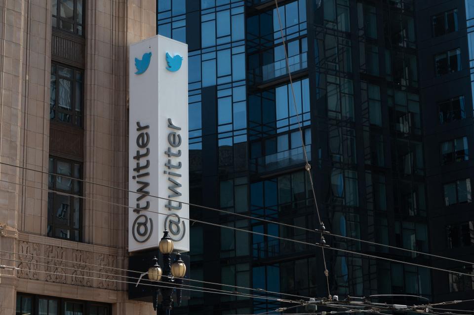 Twitter logo is seen at the company's San Francisco headquarters