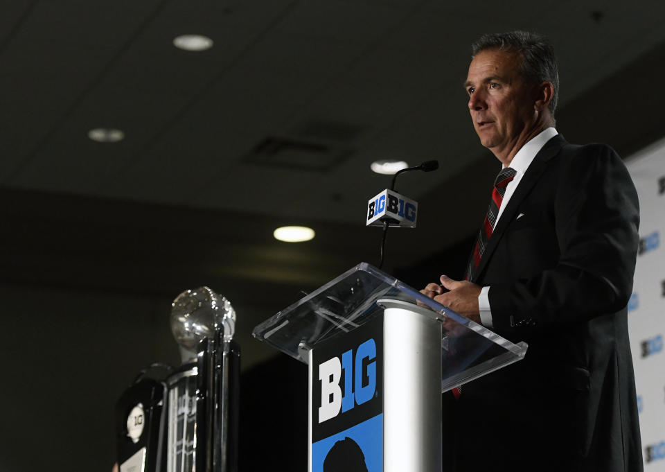 Ohio State head coach Urban Meyer speaks at the Big Ten Conference NCAA college football Media Days in Chicago, Tuesday, July 24, 2018. (AP)