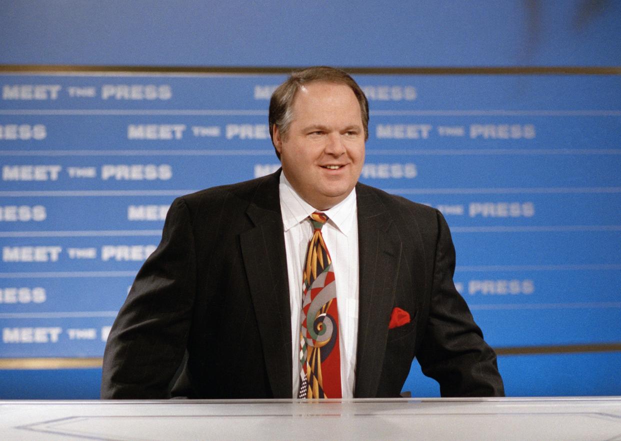 Radio host Rush Limbaugh is pictured on the set of the public affairs television show "Meet The Press," March 1993. 