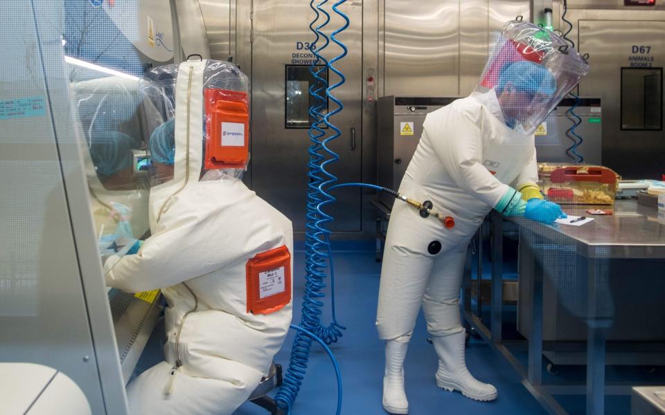 This file photo taken on February 23, 2017 shows workers next to a cage with mice (R) inside the P4 laboratory in Wuhan, capital of China's Hubei province