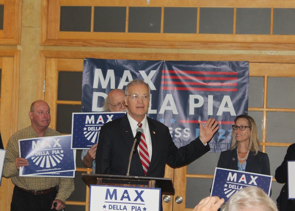 Max Della Pia speaks at The Main Place in Hornell Friday after Democratic Party chairs in the 23rd District tapped him to run in a special election to fill the seat opened by the resignation of Republican Tom Reed.