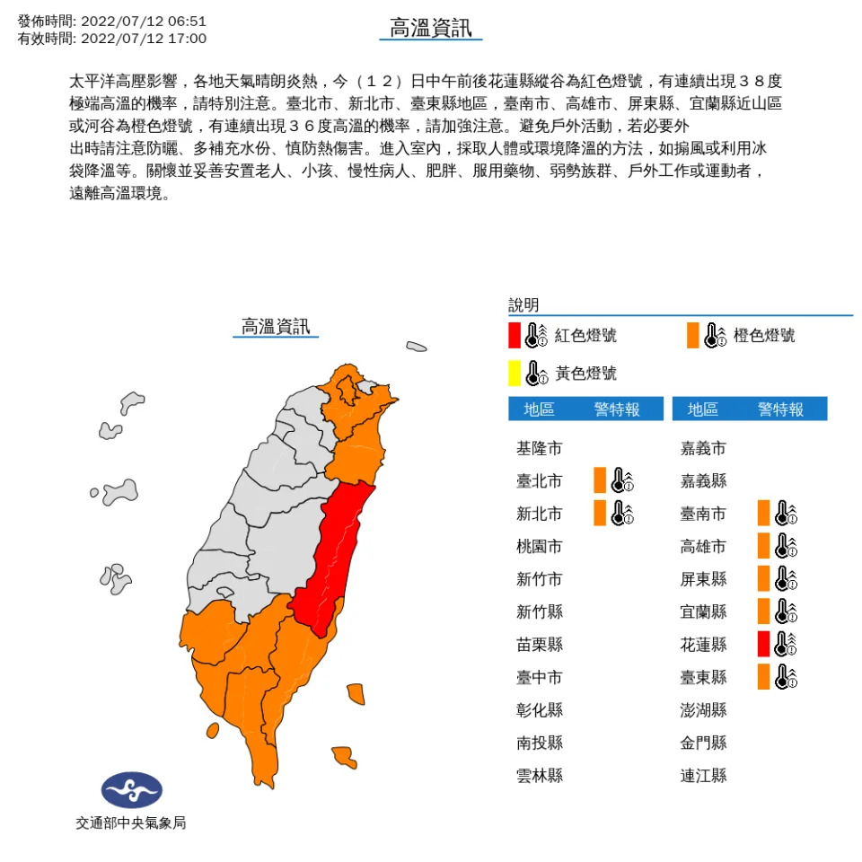 中央氣象局提醒，8縣市發布高溫特報，民眾要注意防曬、小心中暑。（圖片來源：中央氣象局）