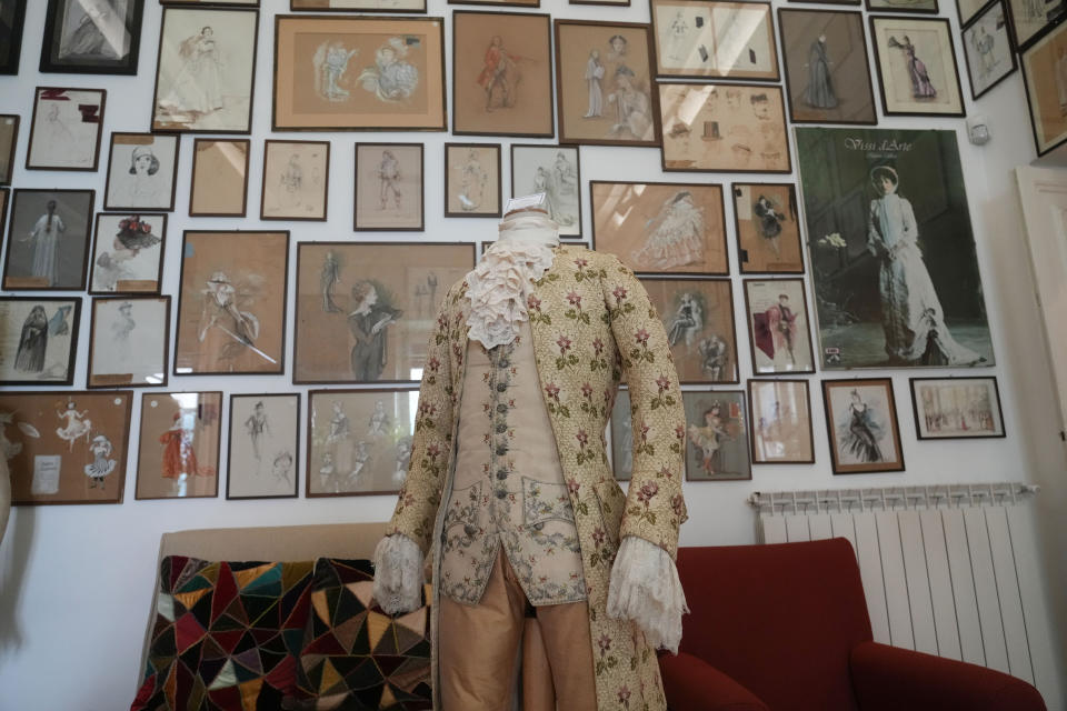 The Amadeus dress by Milos Forman is displayed at the Tirelli Atelier in Rome, Tuesday, March 5, 2024. For nearly six decades, the Tirelli atelier in Rome has woven itself into the fabric of Italian and international film history, earning the nickname the "Oscar tailor's shop" for its contribution to cinematic costume design. Established in November 1964, the shop on a quiet Roman street has been behind 17 Academy Awards for Best Costume Design. (AP Photo/Gregorio Borgia)