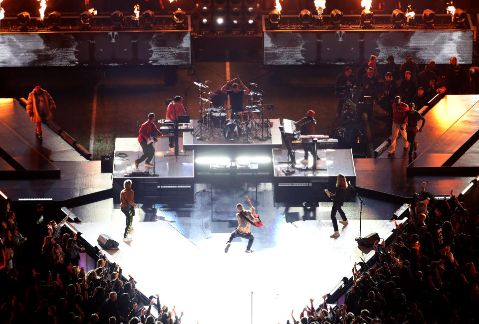 Maroon 5 performs with Big Boi, Sleepy Brown and Travis Scott during the Pepsi Super Bowl LIII Halftime Show&nbsp; (Photo: Rob Carr via Getty Images)