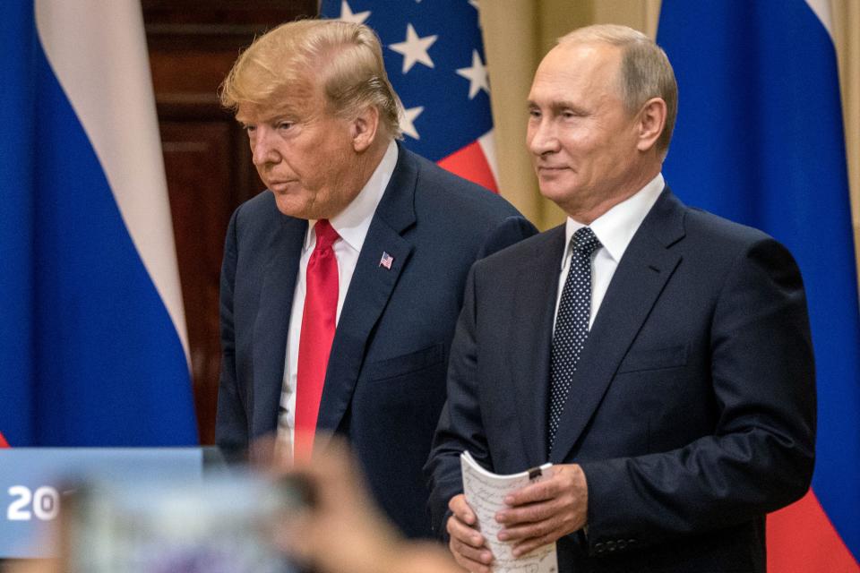 President Donald Trump and Russian President Vladimir Putin at a joint press conference after their summit on July 16, 2018, in Helsinki, Finland.