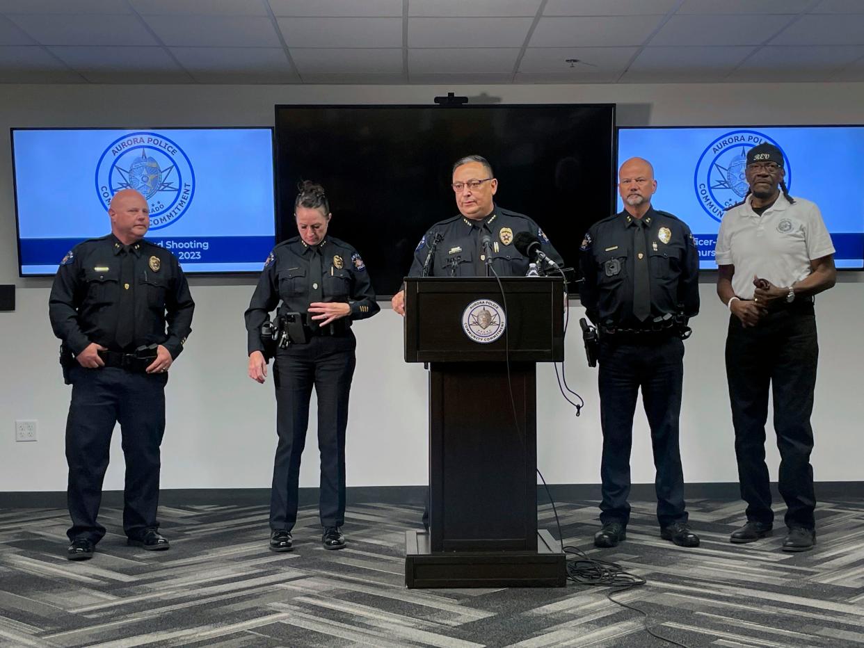 Art Acevedo speaks during a press conference in June in Aurora, Colo. while serving as interim chief of police. Acevedo is leaving his post in Aurora on Monday after accepting his new role with the city of Austin.