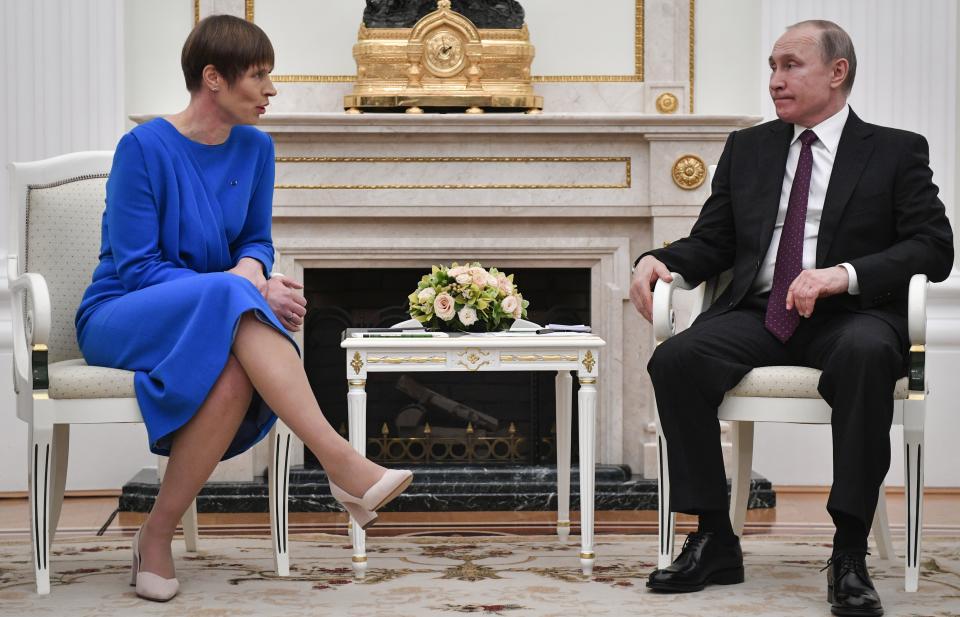 Russian President Vladimir Putin, right, listens to Estonia's President Kersti Kaljulaid at the Kremlin in Moscow, Russia, Thursday, April 18, 2019. Thursday's meeting between the presidents of Russia and Estonia is the first one for the leaders of the two neighbouring countries for nearly a decade. (Alexander Nemenov/Pool Photo via AP)