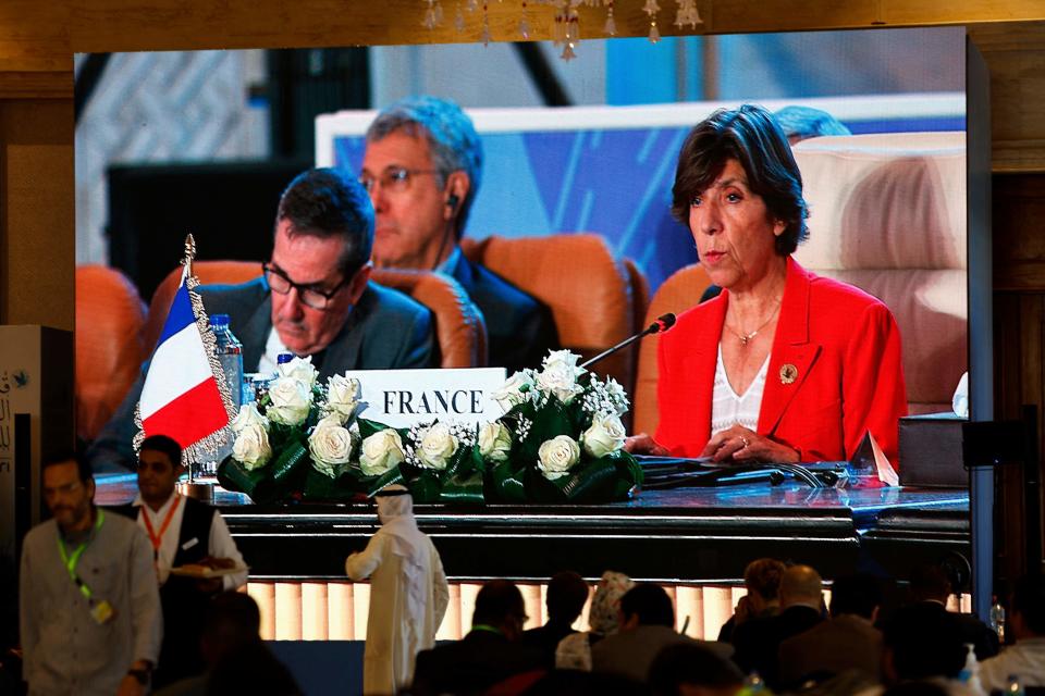 French Foreign Minister Catherine Colonna addressing the International Peace Summit hosted by the Egyptian president in Cairo on Saturday (AFP via Getty Images)