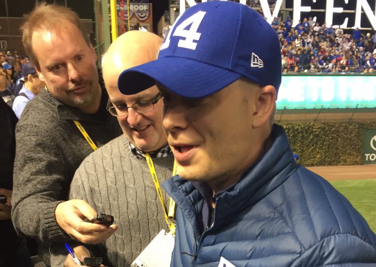 Bryan, 38, found himself sitting in the seat Steve Bartman made famous 13 years ago. (Kevin Kaduk/Yahoo Sports)