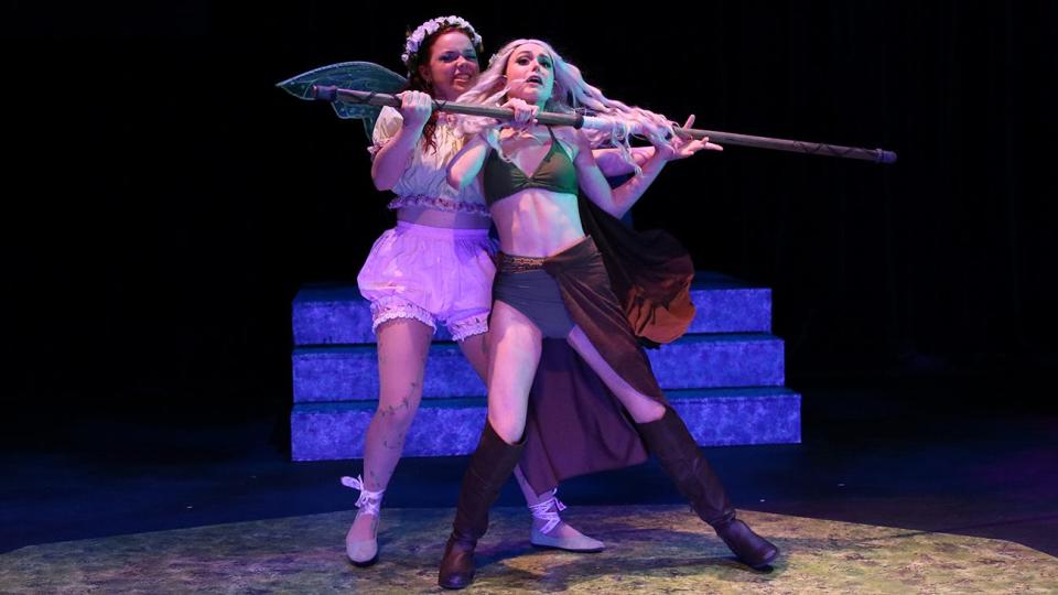 Farrah the Faerie (Kyndal Knapp, back) battles it out with Kaliope (Savannah Bohl) in a scene from West Texas A&M University’s “She Kills Monsters.” The two actresses were nominated to take part in the Irene Ryan Scholarship audition process in Region 6 of the Kennedy Center American Theater Festival.