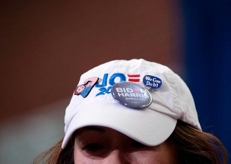 A person wears a hat supporting the Biden Harris campaign prior to an event at James B. Dudley High School on Thursday, July 11, 2024, in Greensboro, N.C.