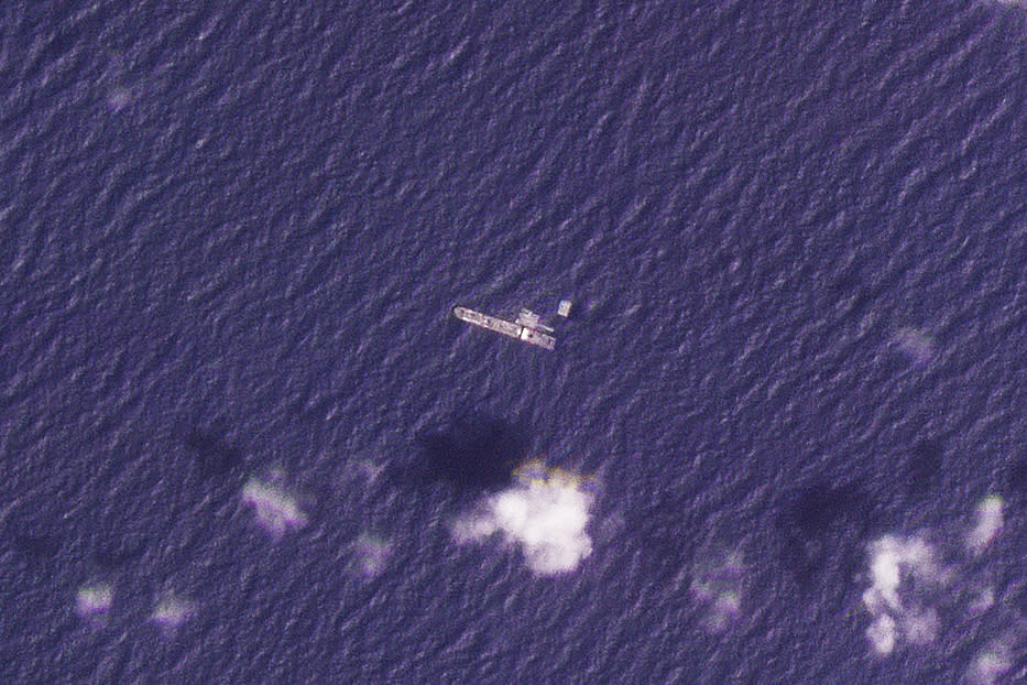 This satellite photo from Planet Labs PBC shows the USNS Roy P. Benavidez in the Mediterranean Sea off shore from the Gaza Strip on Saturday, April 27, 2024. A U.S. Navy ship involved in the American-led effort to bring more aid into the besieged Gaza Strip is off shore from the enclave, slowly building out a floating platform for the operation, satellite photos analyzed Monday, April 29, 2024, by The Associated Press show. (Planet Labs PBC via AP)