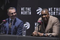 Toronto Raptors NBA basketball team new head coach Darko Rajakovic, left and team president Masai Ujuri attend a news conference in Toronto, Tuesday, June 13, 2023. (Chris Young/The Canadian Press via AP)