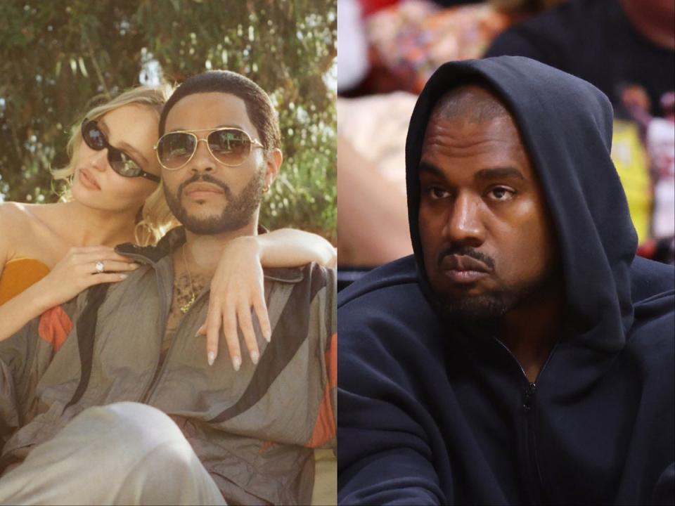 Lily-Rose Depp and The Weeknd in ‘The Idol’ and Kanye West (right) (Eddy Chen/HBO/Getty Images)