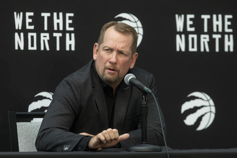 FILE - Toronto Raptors head coach Nick Nurse speaks to reporters at the NBA basketball team's media day availability in Toronto, Monday, Sept. 26, 2022. Nick Nurse was fired Friday, April 21, 2023, as coach of the Toronto Raptors, four years after he led the franchise to its first and only NBA championship.(Chris Young/The Canadian Press via AP, File)