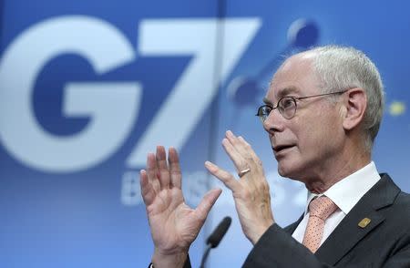 European Council President Herman Van Rompuy speaks during a news conference ahead of a G7 summit at the European Council building in Brussels June 4, 2014. REUTERS/Francois Lenoir