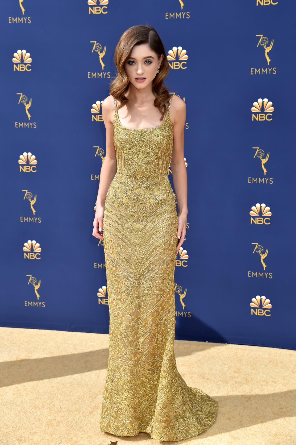 LOS ANGELES, CA - SEPTEMBER 17:  Natalia Dyer attends the 70th Emmy Awards at Microsoft Theater on September 17, 2018 in Los Angeles, California.  (Photo by Jeff Kravitz/FilmMagic)