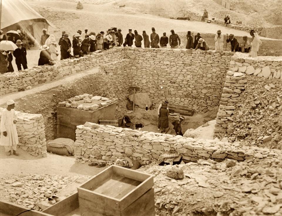 Outside the tomb of Tutankhamun during the 1922 excavation in the Valley of the Kings in Egypt. Getty Images