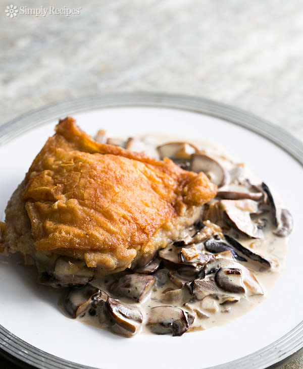 <strong>Get the <a href="http://www.simplyrecipes.com/recipes/chicken_with_mushroom_cream_sauce/" target="_blank">Fried Chicken With Creamy Mushroom Sauce recipe</a> from Simply Recipes</strong>