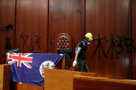 Colonial flag of Hong Kong is displayed inside a chamber after protesters broke into the Legislative Council building during the anniversary of Hong Kong's handover to China in Hong Kong