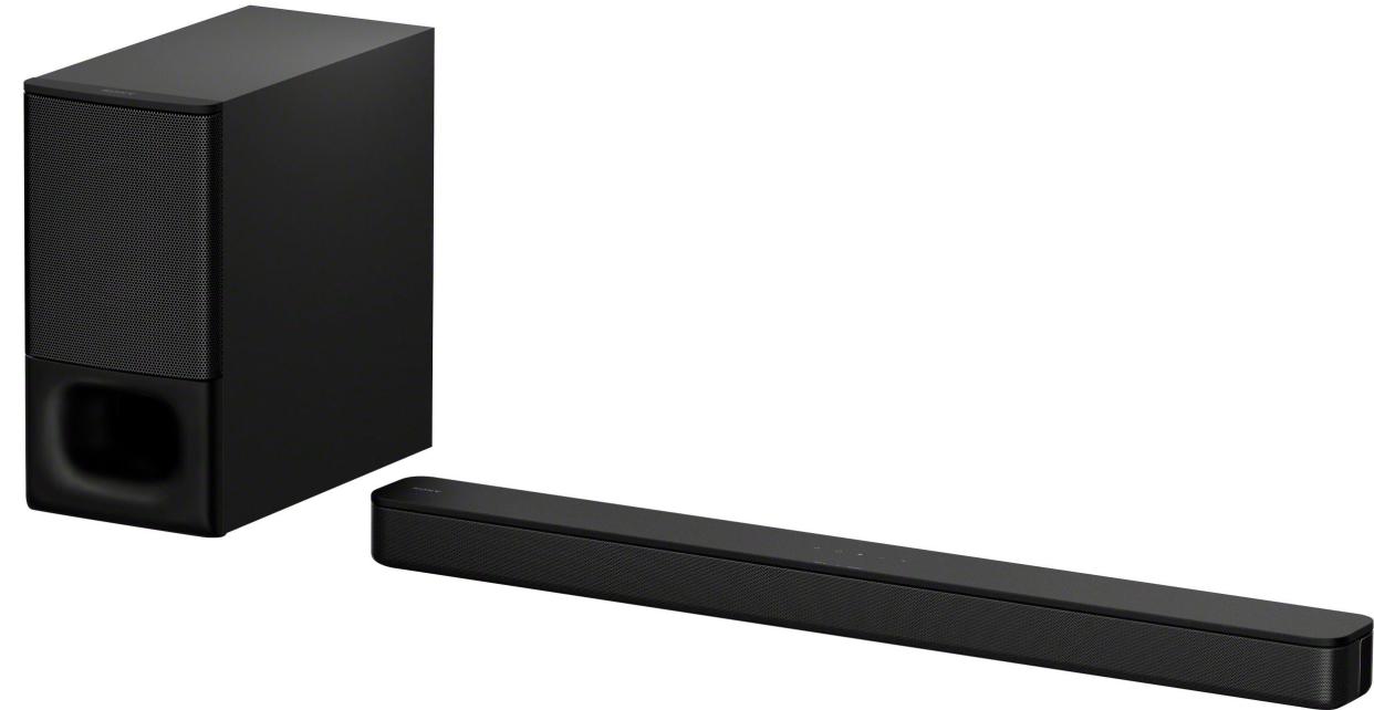 black Sony soundbar and subwoofer