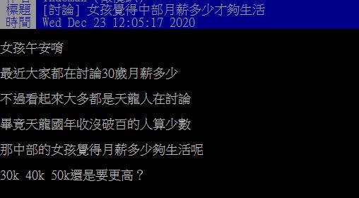 網友貼文發問「女孩覺得中部月薪多少才夠生活？」（圖／翻攝自PTT）