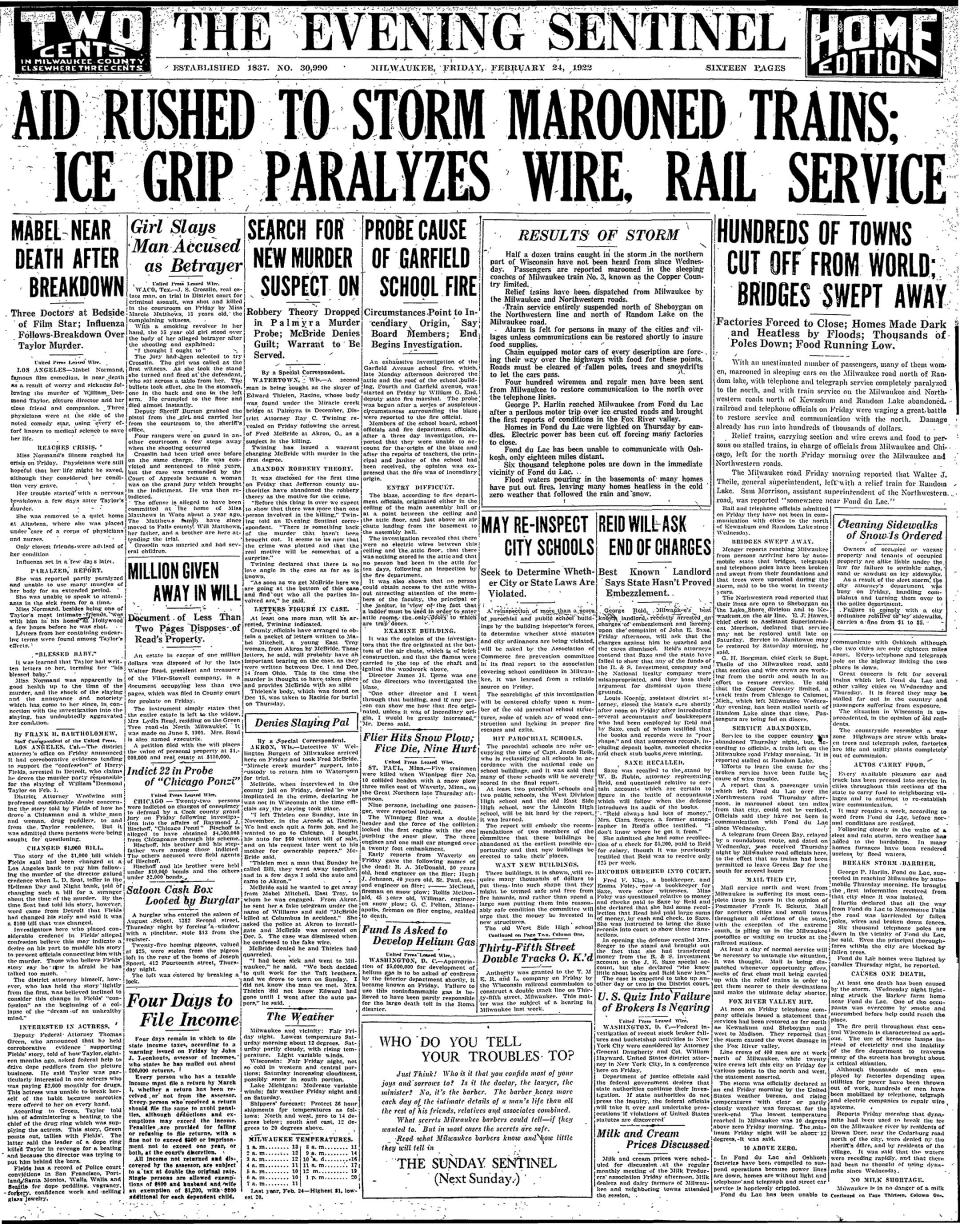 The Evening Sentinel front page from Friday, February 24, 1922.