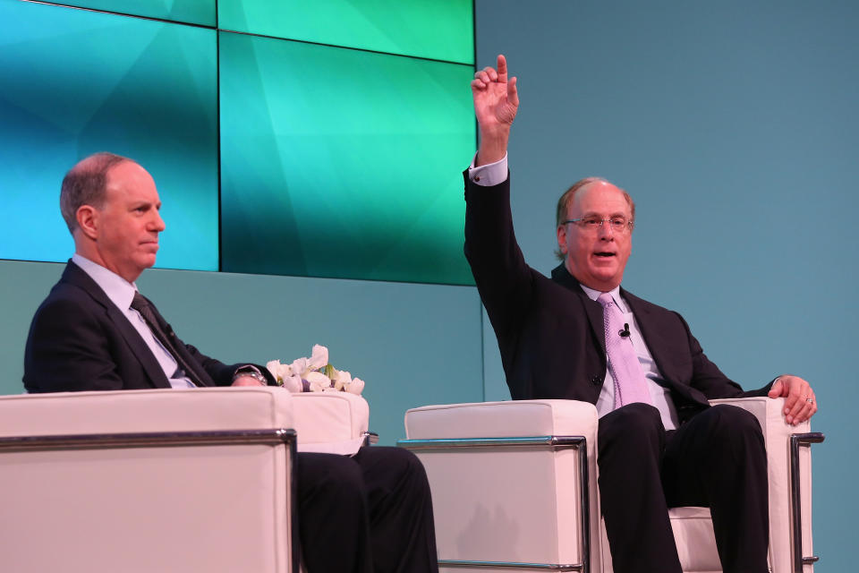 NEW YORK, NY - FEBRUARY 08:  Editor in Chief Yahoo Finance Andy Serwer and  Larry Fink speak on stage at the Yahoo Finance All Markets Summit on February 8, 2017 in New York City.  (Photo by Rob Kim/Getty Images for Yahoo Finance)